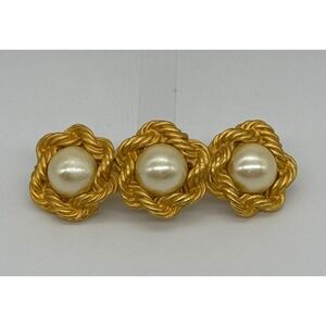 Ann Taylor Vintage Gold Tone Faux Pearl Triple Flower Hair Barrette Clip France